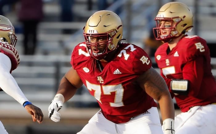 Nov 20, 2021; Chestnut Hill, Massachusetts, USA; Boston College Eagles offensive lineman Zion Johnson (77) against the Florida State Seminoles during the second half at Alumni Stadium. Mandatory Credit: Winslow Townson-USA TODAY Sports